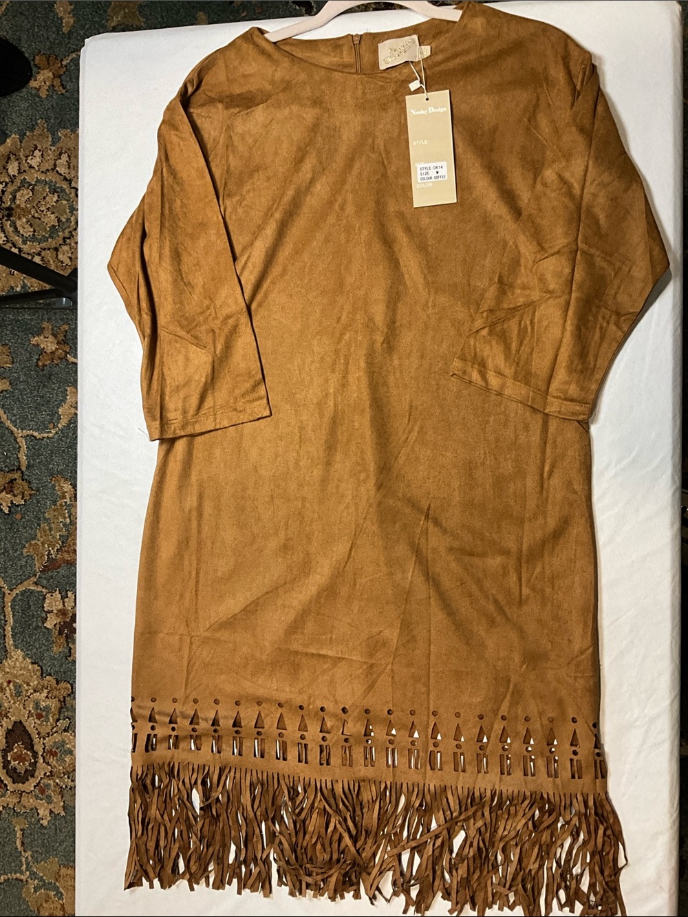 Neslay Design Fringe Bottom 3/4 Inch Sleeve Coffee Brown Midi Dress Size Medium - Picture 6 of 6